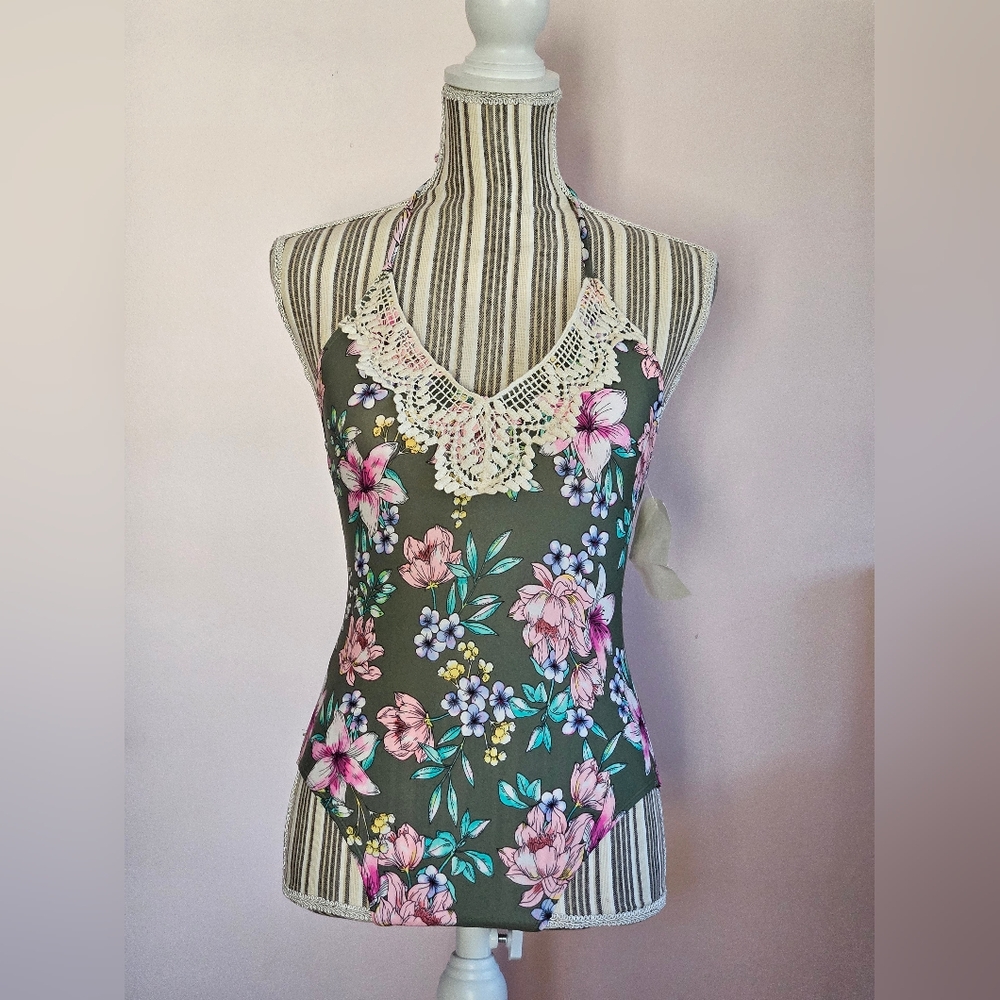 Hula Honey Tropic Romance Olive Floral-Print Halter Top One-Piece (Small, Green)